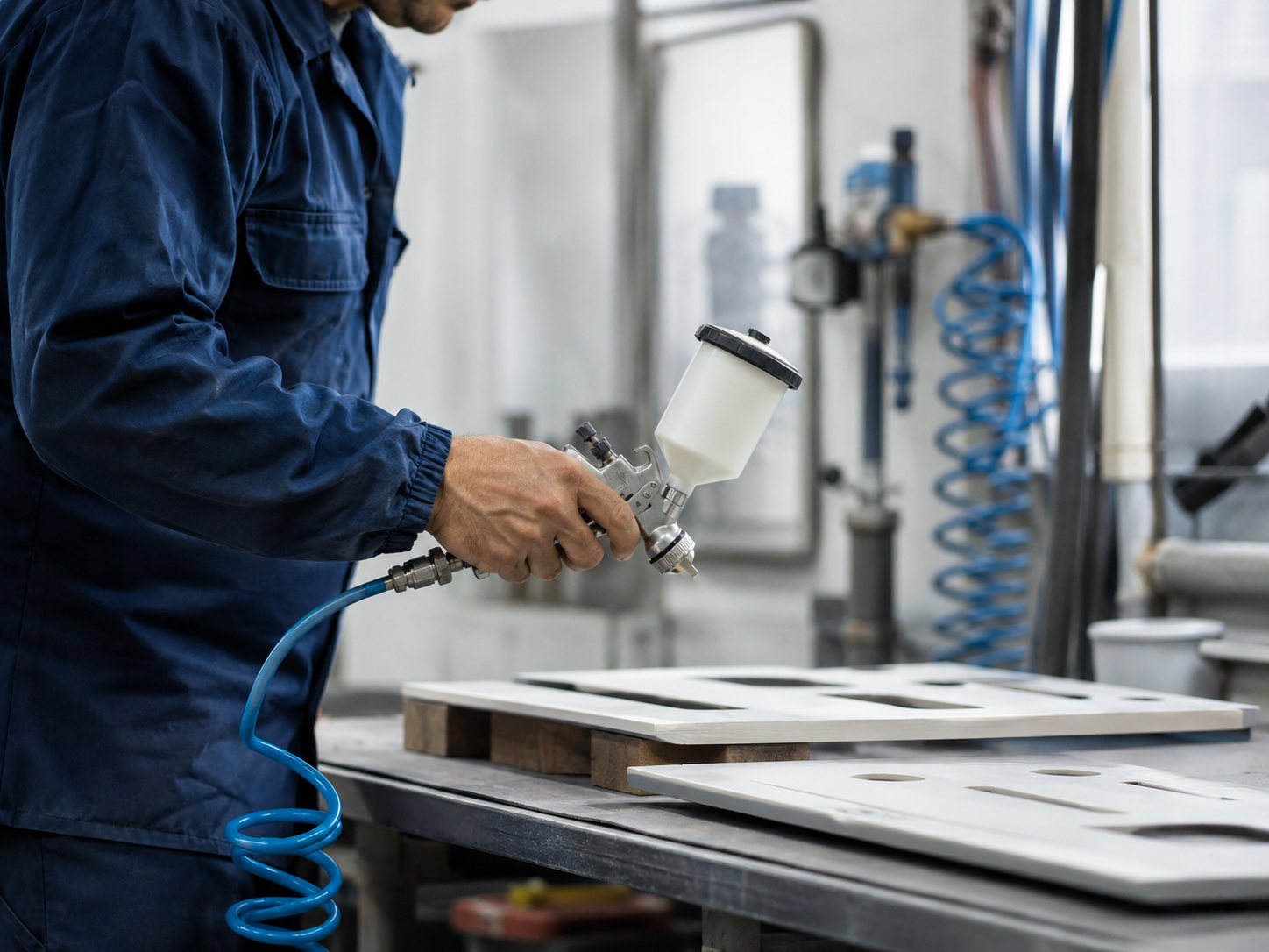 Operator using a pneumatic spray gun connected to a compressed-air hose in a workshop